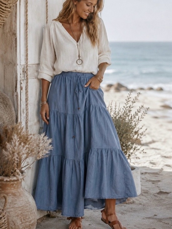 White Stag Dresses & Skirts - White Stag Tiered Maxi Skirt Women XL Blue Cotton Chambray Boho Coastal Cowgirl